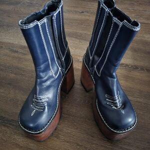 Dolls Kill Navy Platform Boots with Brown Block Heel